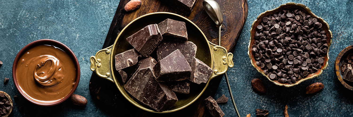 Bowls of melted chocolate, chocolate chunks, chocolate chips, and cocoa beans arranged on a surface.