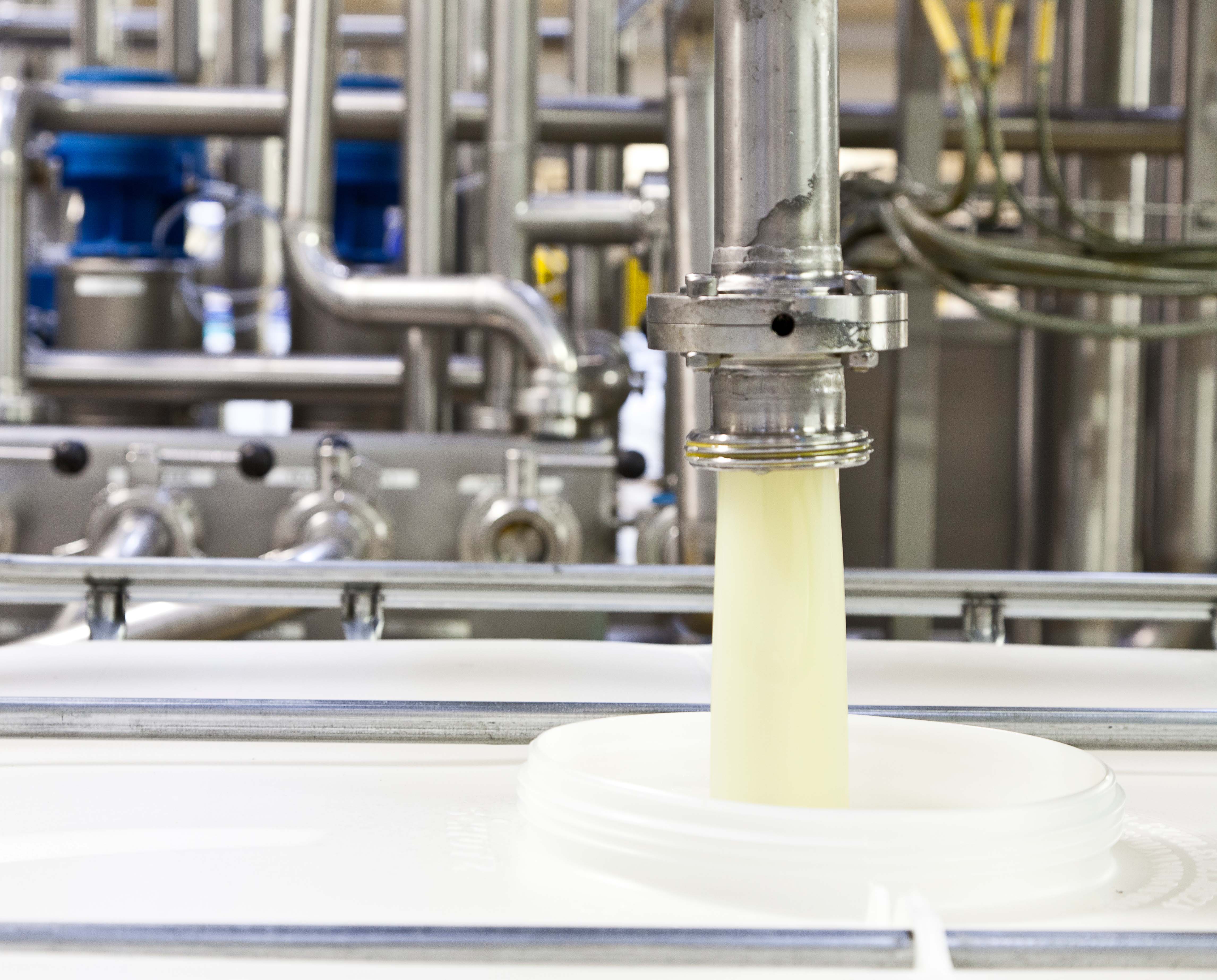 Fat being poured into a container in an industrial setting