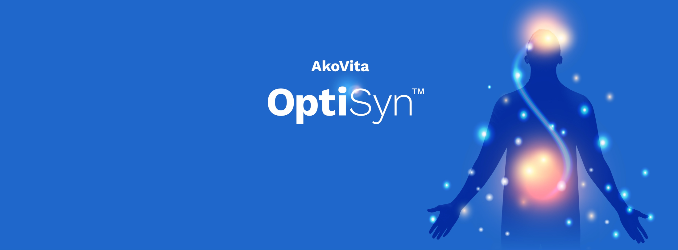 AkoVita Optisyn logo next to a blue silhouette of a person showing a connection between the brain and the stomach.