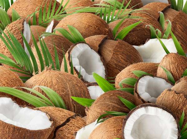 Close up of coconuts where some are open and some are whole.