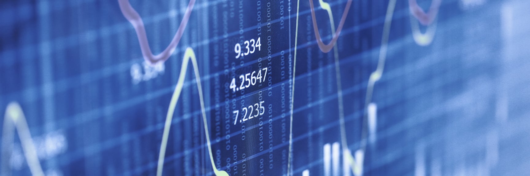 Financial graph with multiple lines on blue background, showing data points.