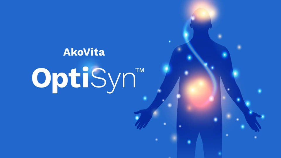 AkoVita Optisyn logo next to a blue silhouette of a person showing a connection between the brain and the stomach.