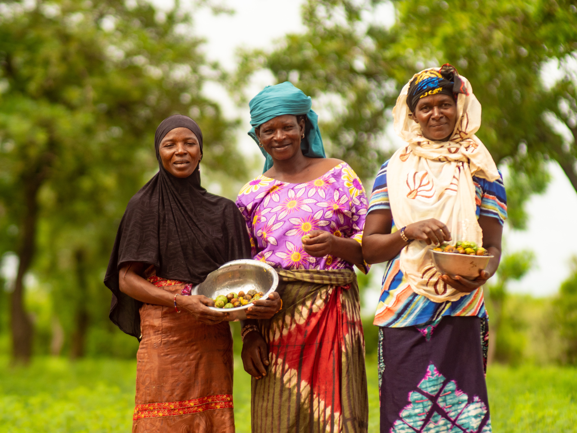 Three african women standing outdoors holding bowls with shea fruit.